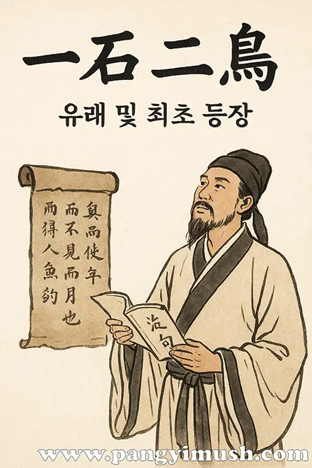 고대 학자가 두루마리를 펼쳐 들고 일석이조의 유래를 설명하는 전통 그림 스타일 일러스트