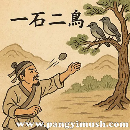 고대 사냥꾼이 돌을 던져 두 마리 새를 잡으려 하는 장면을 그린 일석이조 설화 일러스트