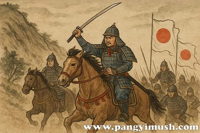 임진왜란 당시 일본군 기병과 보병이 깃발을 들고 빠르게 진격하는 모습을 그린 일러스트