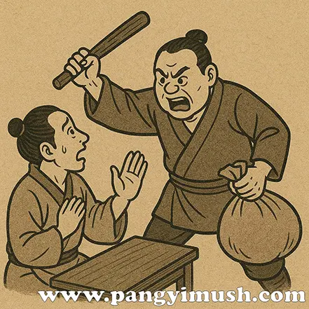 도둑이 훔친 자루를 들고 오히려 피해자를 위협하는 모습을 그린 전통풍 삽화