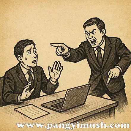 사무실에서 한 남성이 동료를 향해 화를 내며 손가락질하는 상황을 그린 고전풍 삽화
