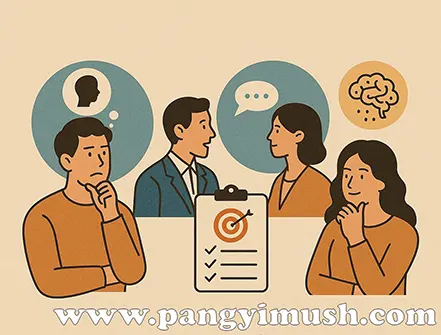 현대인이 자기 점검, 상대 이해, 목표 설정을 하는 모습을 일러스트로 표현한 지피지기 활용 이미지