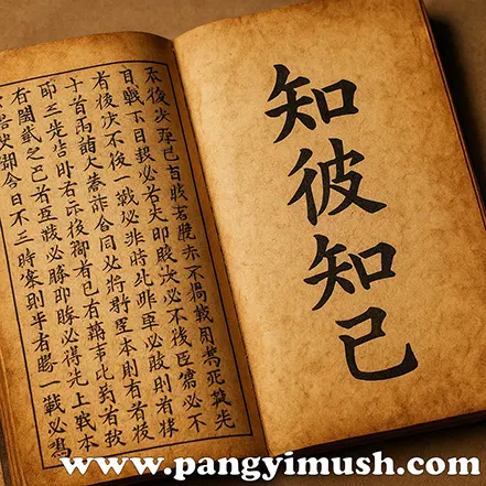 고대 병법서가 펼쳐져 있고 오른쪽 페이지에 지피지기 한자가 적힌 이미지