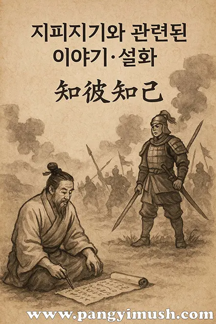 전쟁 배경 속에서 전략서를 쓰는 책사와 무사가 등장하는 지피지기 설화 수묵화 이미지