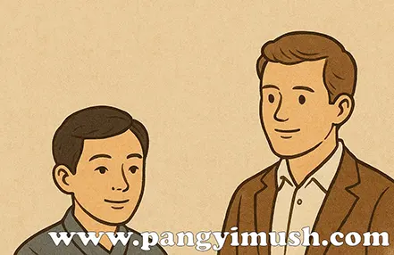 성인 남성과 젊은이가 마주 보고 있는 일러스트, 죽마고우를 영어로 설명하는 상황을 상징하는 이미지