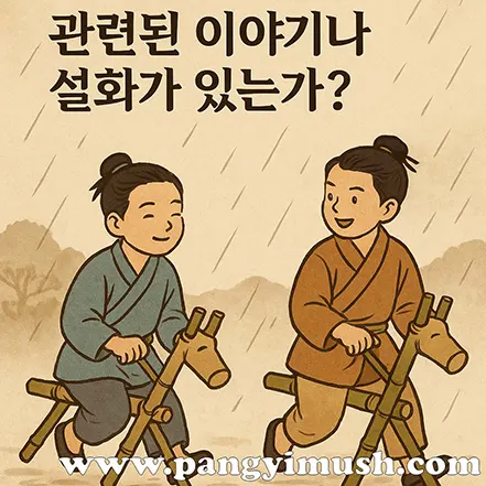 비 오는 날 두 아이가 목마 장난감을 타고 웃으며 가는 모습의 일러스트와 '관련된 이야기나 설화가 있는가?'라는 문구