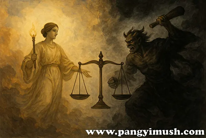 정의를 상징하는 여신과 악을 상징하는 괴물이 저울을 사이에 두고 마주한 장면의 상징적 일러스트 이미지.