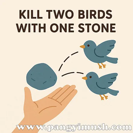 영어 표현 'Kill two birds with one stone'을 돌과 두 마리 새 일러스트로 시각화한 이미지