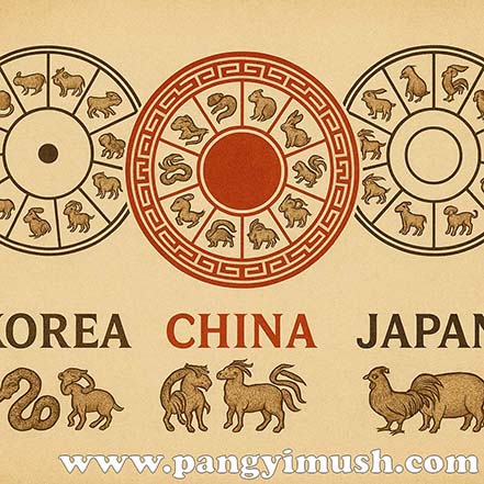 한국, 중국, 일본의 12띠 문화를 비교하는 전통풍 일러스트로, 세 나라의 십이지 동물들이 원형 배열로 표현된 이미지