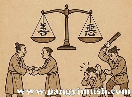 권선징악을 표현한 그림으로, 저울 위에 ‘선’과 ‘악’이 표시되어 있고 아래에는 선행을 나누는 사람들과 악행을 벌하는 장면이 묘사된 일러스트.