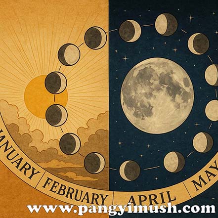 태양과 달, 그리고 달의 위상이 1년의 흐름에 따라 순환하는 모습을 상징적으로 표현한 동양풍 일러스트
