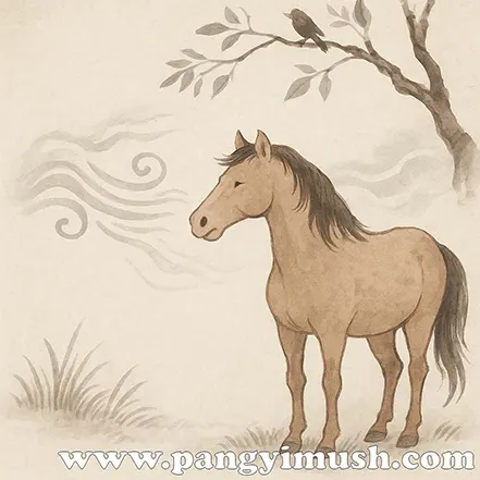 마이동풍의 상징적 의미를 표현한 동양화 스타일 말과 바람 일러스트