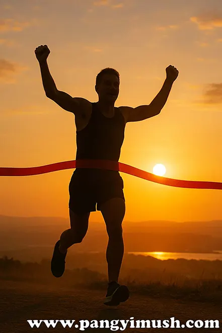 해 질 무렵 결승선을 통과하며 두 팔을 올리는 마라톤 선수의 실루엣 이미지