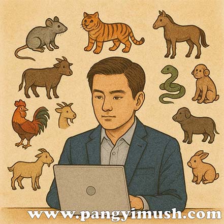 노트북 앞에 앉아 12띠 동물들을 바라보는 남성의 모습이 담긴 전통풍 일러스트