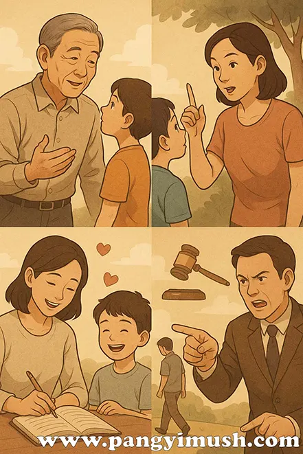 권선징악을 설명하기 위해 제작된 도덕 교육 일러스트로, 어르신의 조언, 부모의 훈육, 따뜻한 학습 장면, 잘못을 꾸짖는 모습 등 다양한 삶의 상황을 표현한 4분할 그림.