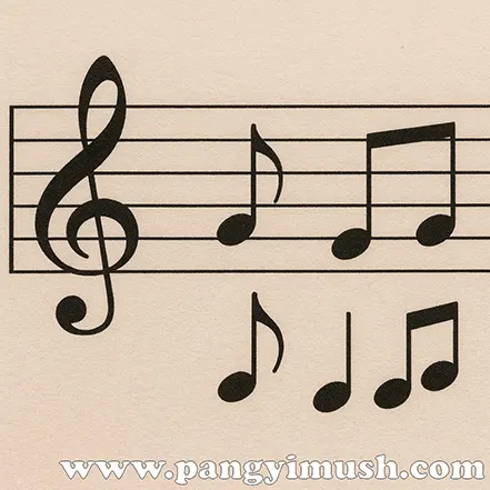 트레블 음자리표와 다양한 음표가 인쇄된 악보 클로즈업 이미지