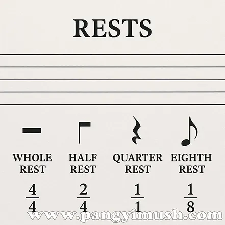온쉼표, 2분쉼표, 4분쉼표, 8분쉼표의 모양과 길이를 비교한 음악 교육용 이미지