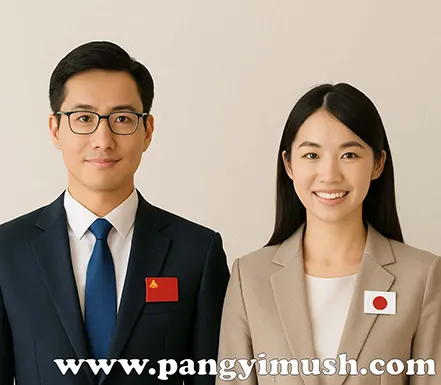 중국과 일본에서도 명실상부라는 표현을 사용하는지 설명하기 위해 중국 국기 배지를 단 남성과 일본 국기 배지를 단 여성이 나란히 서 있는 이미지