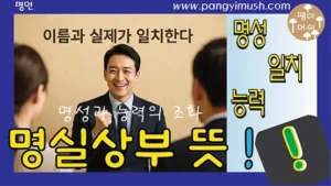 명실상부 뜻을 설명하는 유튜브형 썸네일 이미지로, 연설하는 남성과 ‘이름과 실제가 일치한다’라는 문구가 포함된 디자인