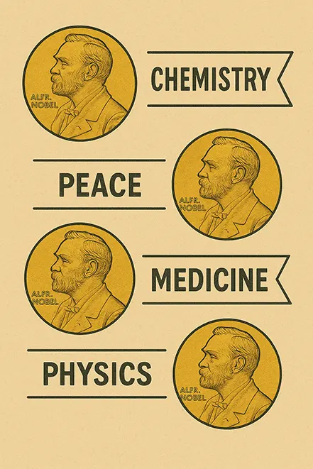 화학상, 평화상, 의학상, 물리학상을 상징하는 노벨 메달 일러스트