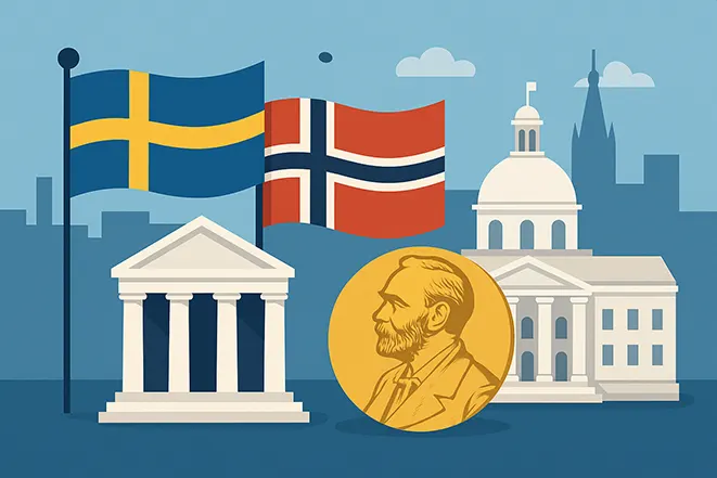 스웨덴과 노르웨이 국기, 고전 양식의 건물, 노벨상 메달이 함께 있는 삽화 이미지
