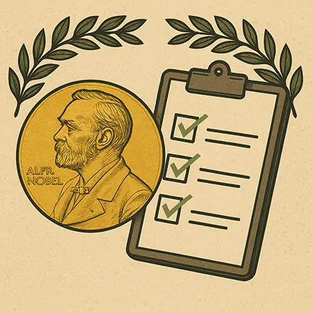 노벨 메달과 체크리스트가 함께 있는 일러스트로, 노벨상 수상 기준을 상징하는 이미지