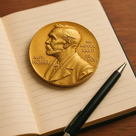 노트 위에 놓인 금색 노벨상 메달과 검은색 펜이 따뜻한 조명 아래에 놓여 있는 이미지