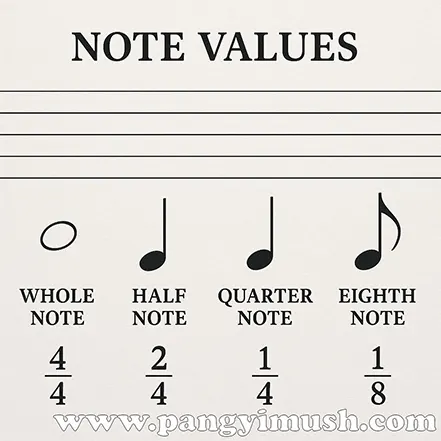 온음표, 2분음표, 4분음표, 8분음표의 모양과 길이를 비교한 음악 교육용 이미지