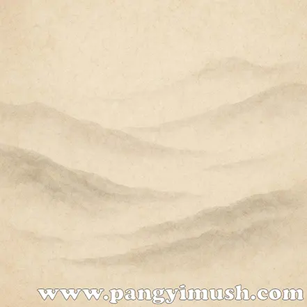 전통 동양화 느낌의 종이 질감 배경 이미지, 은은한 먹 번짐과 산의 실루엣이 표현된 배경