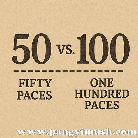 오십보와 백보의 차이를 비교하는 ‘50 vs 100’ 문구가 적힌 빈티지 스타일 일러스트