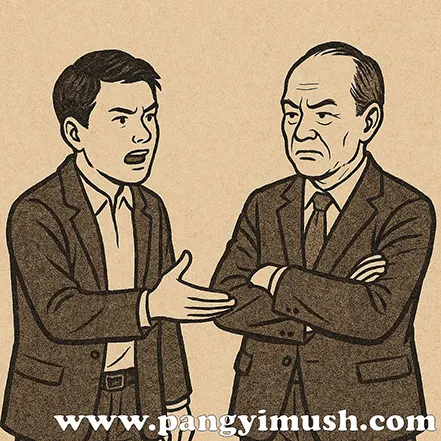 서로를 비난하며 말다툼하는 두 남성을 통해 오십보백보의 사용 상황을 표현한 전통 스타일 일러스트