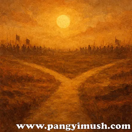 전쟁터의 황혼 속에서 두 갈래 길이 펼쳐진 풍경을 담은 오십보백보 배경 이미지