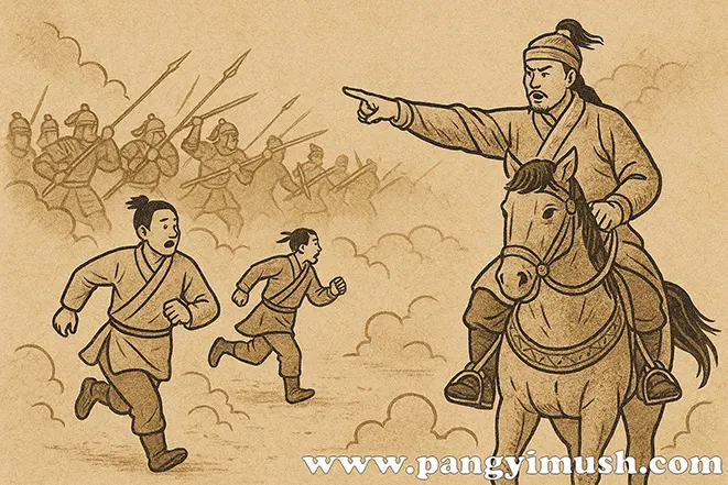 전쟁터에서 병사 둘이 도망치는 모습과 말을 탄 장수가 지시하는 장면으로 표현된 오십보백보 일화 일러스트