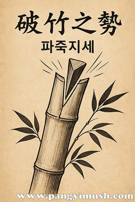 대나무가 쪼개지는 모습을 전통 스타일로 표현한 파죽지세 일러스트 이미지