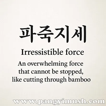 파죽지세의 의미를 영어로 설명한 이미지로, irresistible force라는 표현과 대나무를 비유한 문장이 포함됨