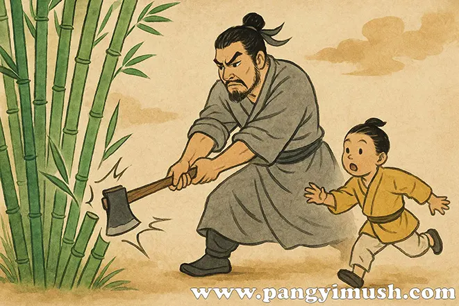 고대 장수가 대나무를 힘 있게 쪼개는 모습을 그린 파죽지세 고사 일러스트