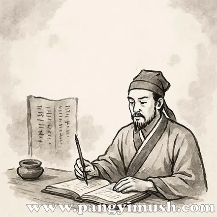 고대 학자가 서책을 펼쳐 글을 기록하는 모습을 수묵화 스타일로 그린 전통 일러스트