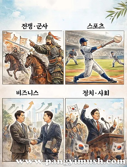 파죽지세가 사용되는 상황을 전쟁·군사, 스포츠, 비즈니스, 정치·사회 장면으로 표현한 일러스트