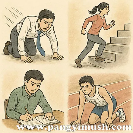 넘어져도 다시 일어나는 직장인, 계단을 오르는 여성, 공부하는 학생, 스타트 라인에서 준비하는 운동선수 등 다양한 도전 상황을 표현한 일러스트