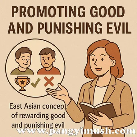 ‘Promoting good and punishing evil’이라는 문구와 함께, 선행과 악행을 비교하며 설명하는 여성 강사 일러스트 이미지.