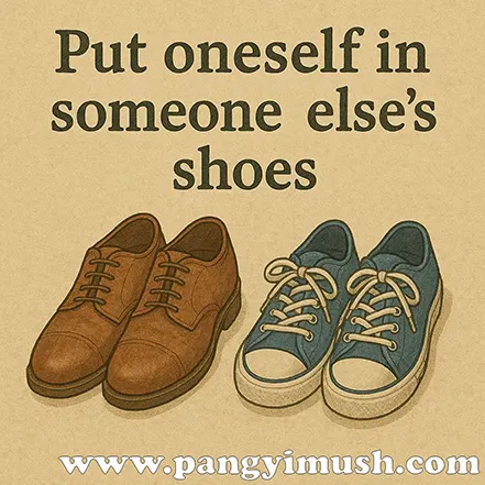 갈색 구두와 파란색 운동화 한 켤레가 나란히 놓인 장면 – ‘Put oneself in someone else’s shoes’라는 문구가 적힌 영어 표현 이미지