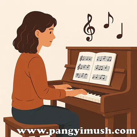 피아노 앞에서 악보를 보며 연습하는 여성의 일러스트