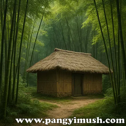 삼고초려의 배경을 표현한 대나무숲 속 초가집 이미지