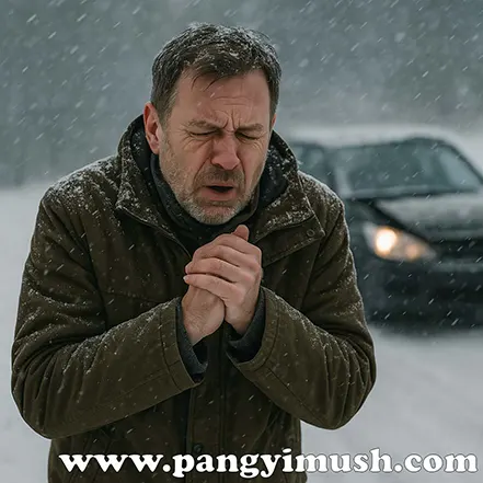 눈보라 속에서 추위로 고통스러워하는 남성과 뒤에 고장 난 차량이 있는 장면 – 설상가상을 비유적으로 보여주는 이미지