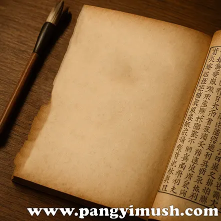 붓과 고서가 놓여 있고 한쪽 페이지에 한문이 적힌 고전 문헌 이미지 – 설상가상의 출처를 상징적으로 표현한 사진