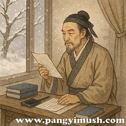 고대 학자가 눈 내리는 창가에서 문서를 읽는 전통 동양화 풍의 일러스트 – 설상가상 관련 고사·설화를 표현한 이미지