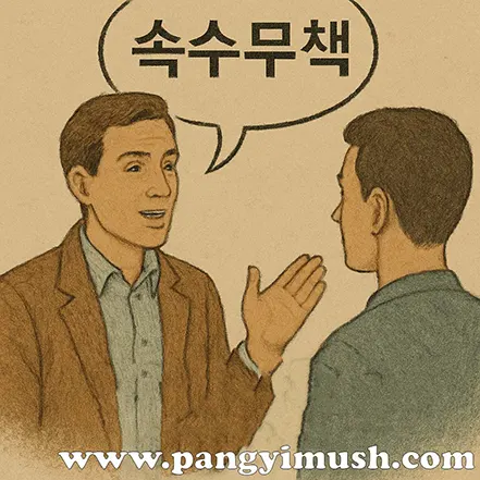 두 사람이 대화하며 ‘속수무책’이라는 말을 설명하는 장면의 일러스트 이미지