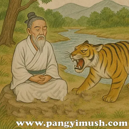 호랑이 앞에서도 침착하게 앉아 있는 노인의 전통 회화 스타일 일러스트 이미지