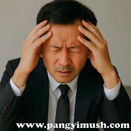 양손으로 머리를 감싸 쥐고 고통스럽거나 답답한 표정을 짓는 남성의 모습
