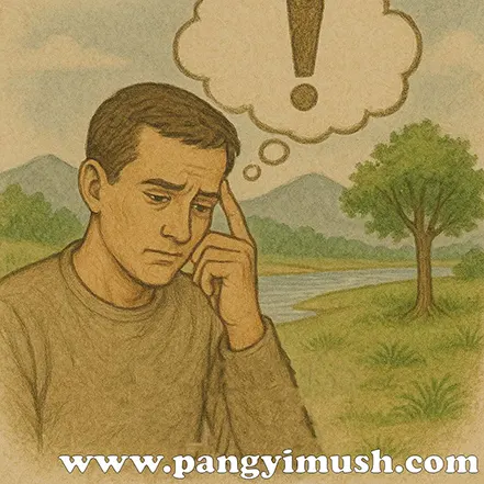 생각에 잠긴 남성이 느낌표를 떠올리며 깨달음을 얻는 모습을 표현한 일러스트 이미지